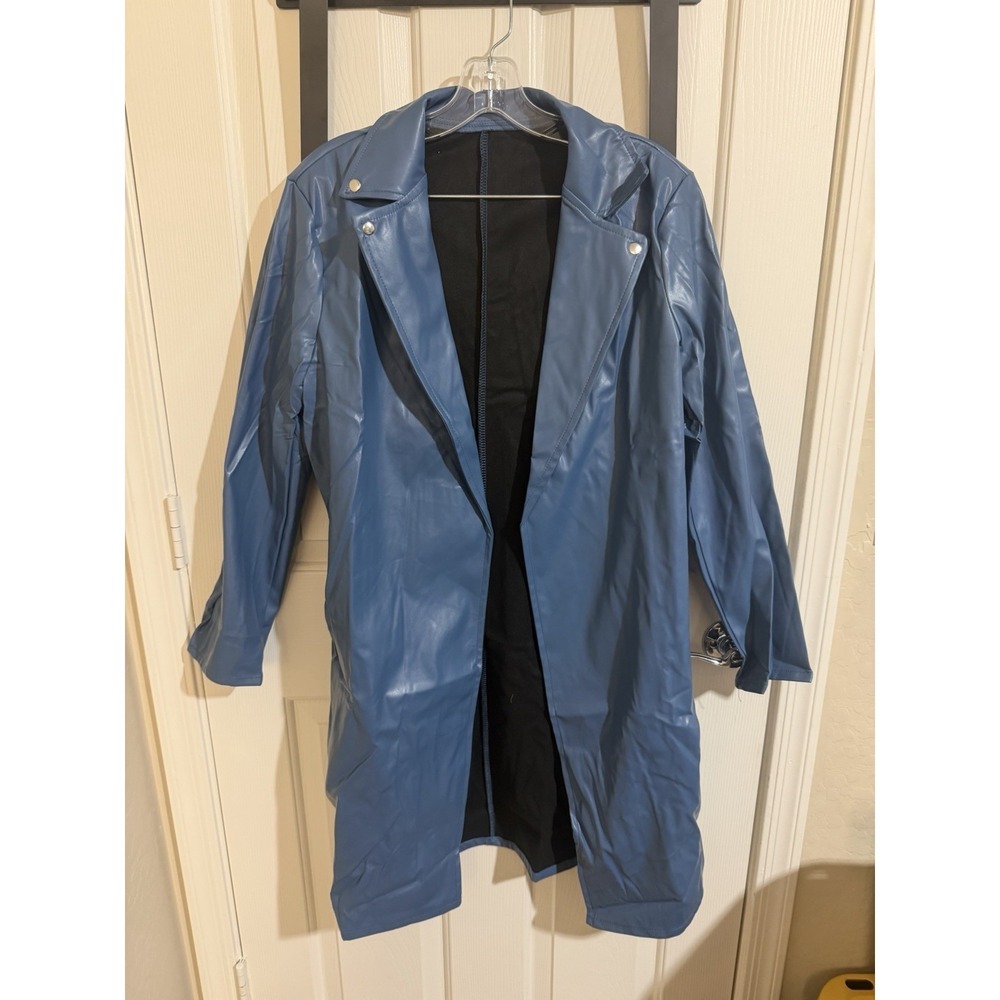 SheIn Blue Faux Leather Overcoat Long Lightweight Trench Coat Womens Large